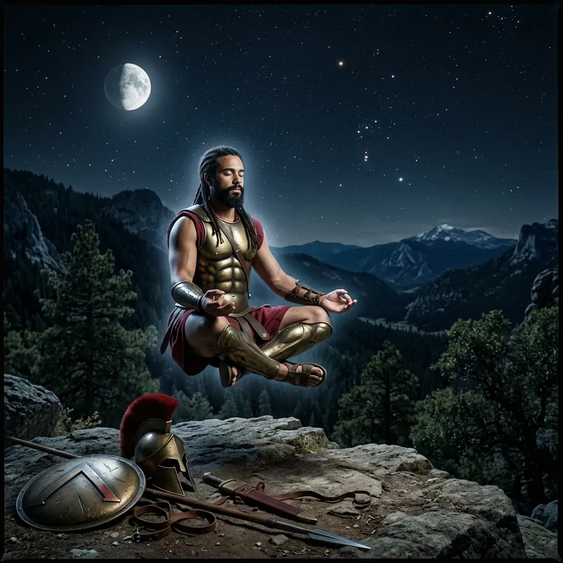 Spartan Warrior Levitating in Lotus Position Under Moonlit Night