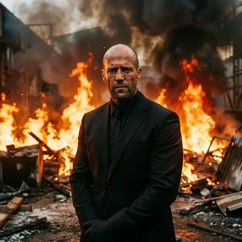 Intense Bald Male Figure in Black Suit Surrounded by Flames