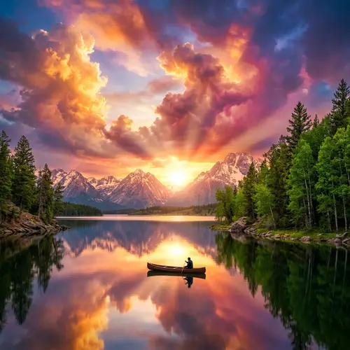 Surrealistic Harmony: Lush Trees, Serene Lake, and Celestial Skies