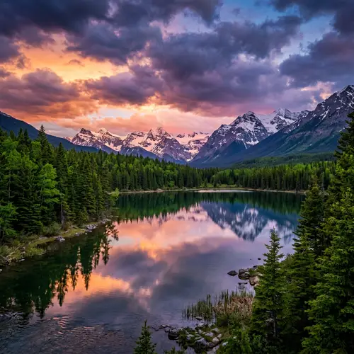 Tranquil Dusk Scene with Fiery Sunset, Clouds, Lake, Forest & Mountains