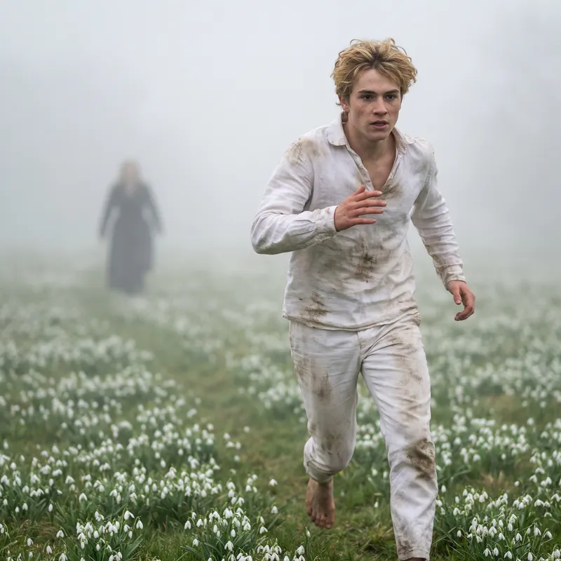 Realism Art: Young Man with Blond Hair Running in Foggy Field