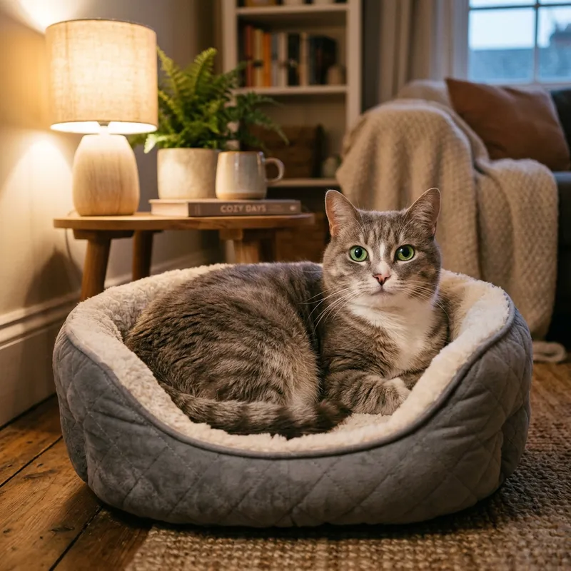 Charming Grey Cat Relaxing in Soft Bed