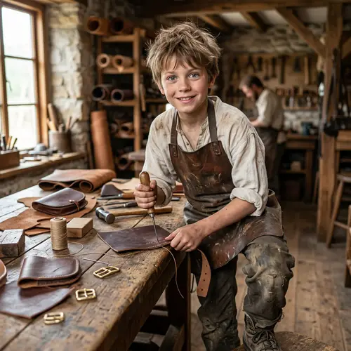 Young Caucasian Boy Craftsman with Trusty Awl | Leatherworking Enthusiast