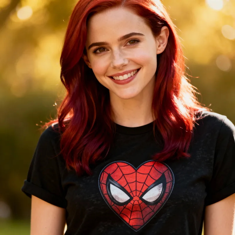 Ruby-Haired Emma Watson Look-Alike in Spider-Man Tee