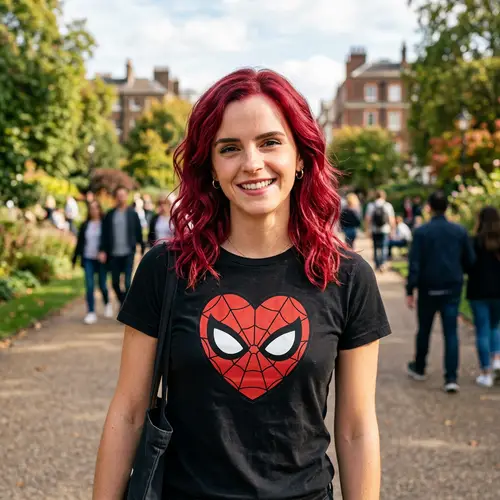 Ruby-Haired Emma Watson Look-Alike in Spider-Man Tee