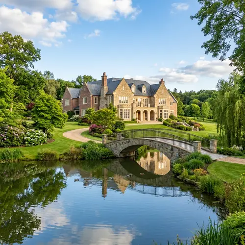 Tranquil Suburban Mansion with Reflecting Pond and Stone Architecture