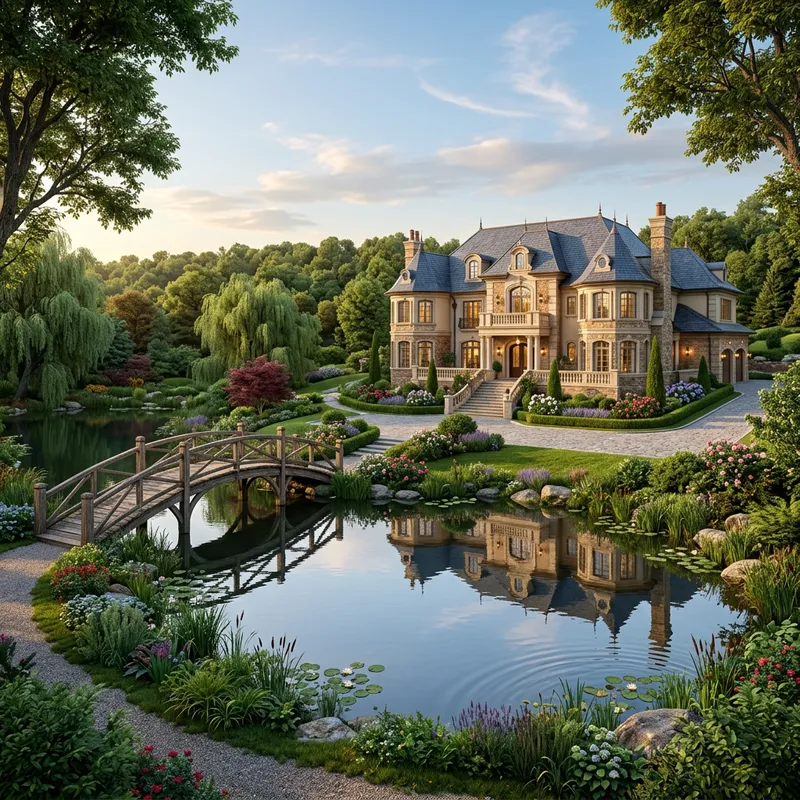 Mansion with Pond and Bridge