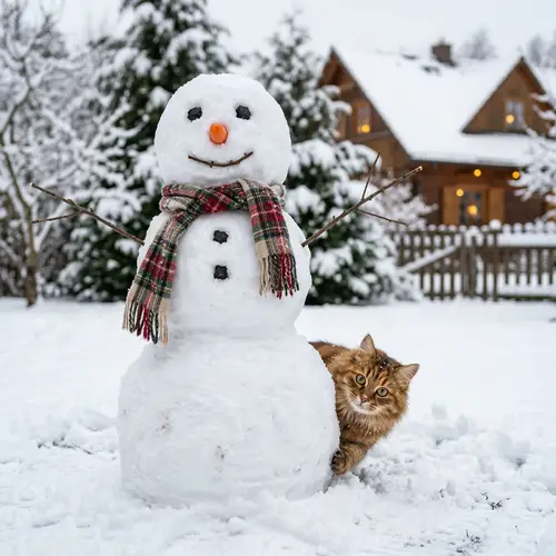 Playful Cat Sneaking Behind Snowman - Winter Photorealism Image