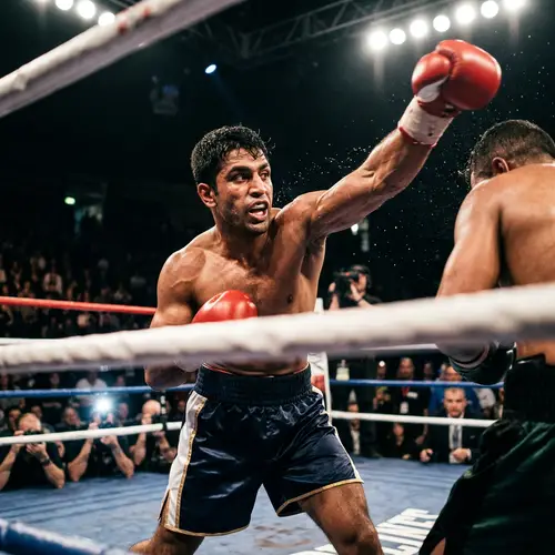 Powerful South Asian Boxer in Intense Overhead Punch