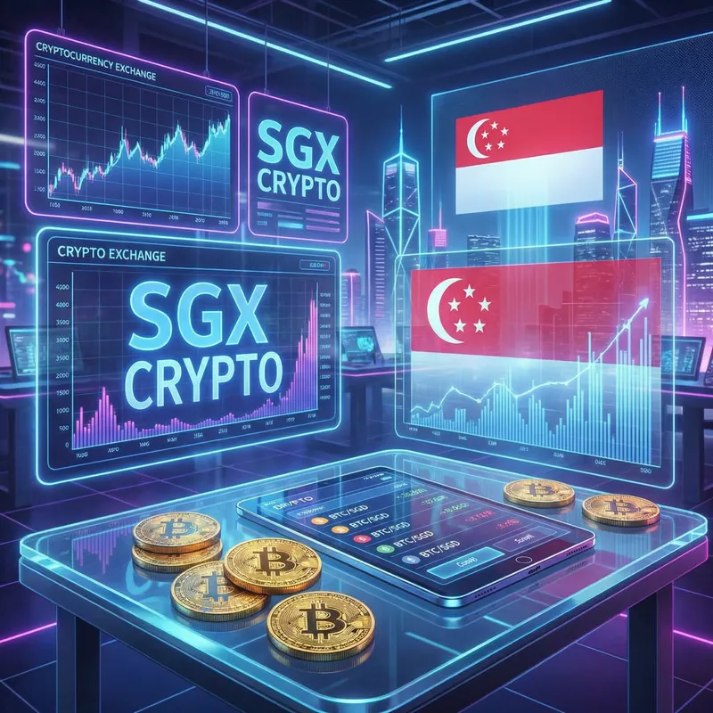 Futuristic Crypto Market with Bitcoin & Singapore Flag Futuristic Crypto Market with Bitcoin & Singapore Flag