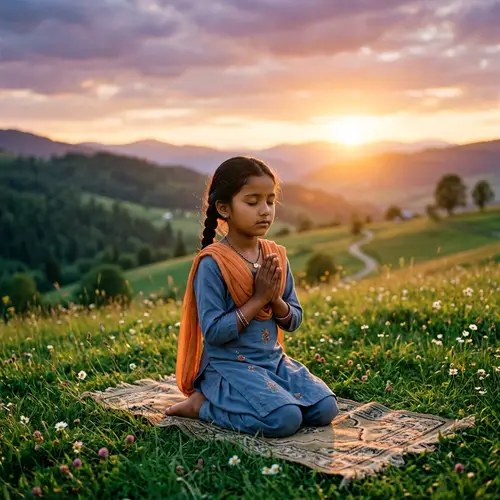 Child Praying Outdoors at Sunset for Peace