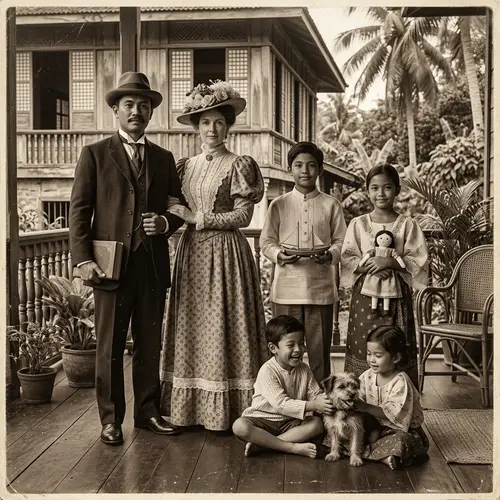 19th Century Filipino Family Portrait with Parents and Children