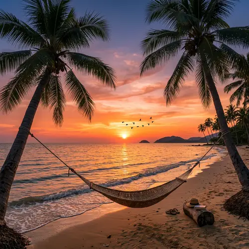 Tropical Beach Sunset: Serene Scene with Warm Colors