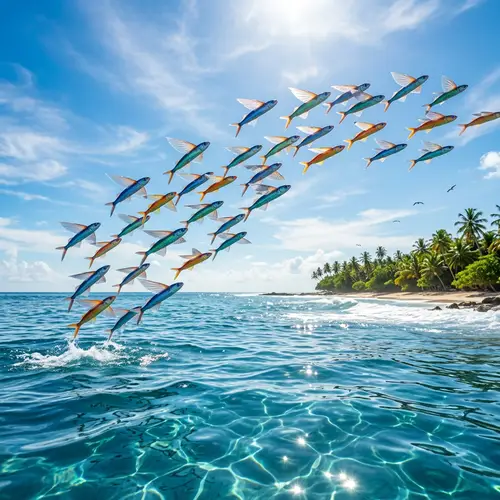 Colorful Flying Fish Soaring Over Tropical Ocean