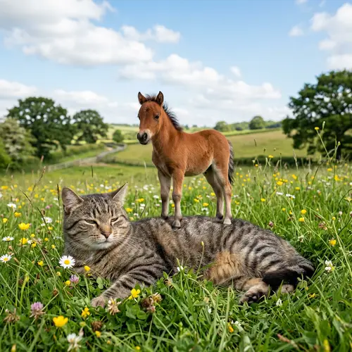 Surreal Horse Riding a Cat on Green Meadow - Unusual Companionship