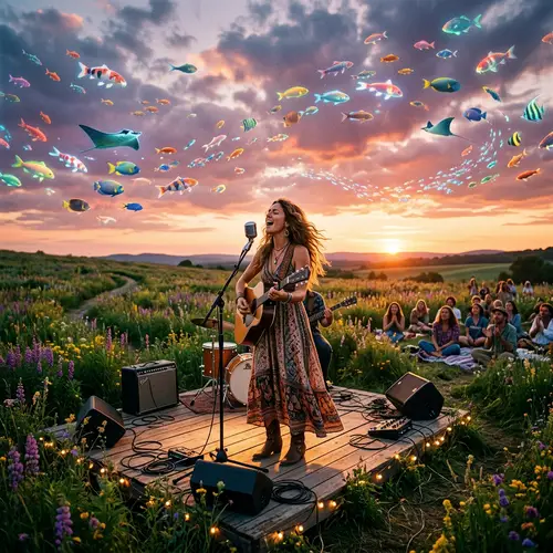 Singer in Grass Field with Fish in the Sky