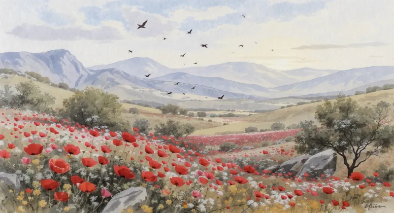 Serene Galilee Landscape with Red Anemone Flowers