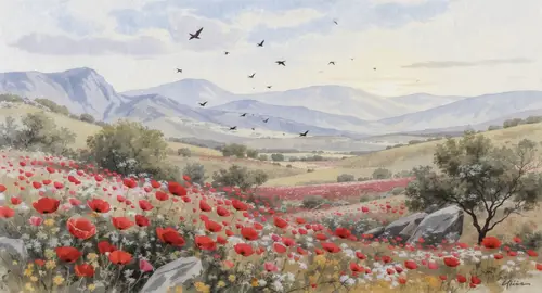 Serene Galilee Landscape with Red Anemone Flowers