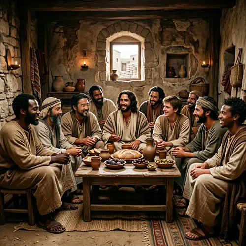 Smiling Jesus and Disciples in First Century Room