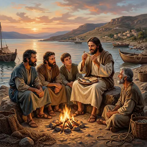Jesus Eating Fish by the Shore: A Biblical Scene