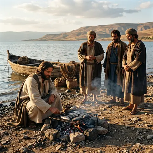 Jesus by the Shore with Disciples - Biblical Scene