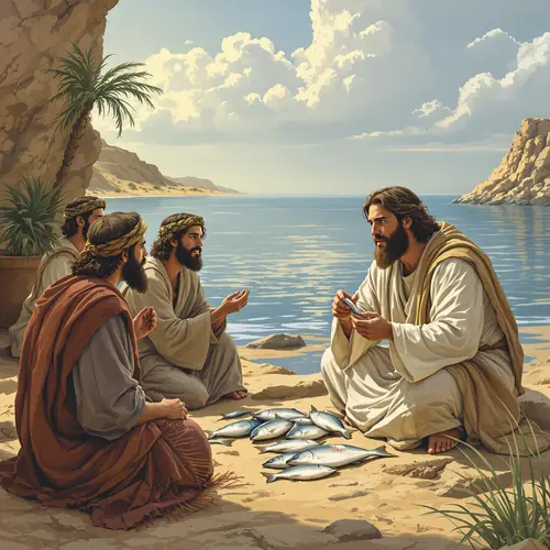 Jesus Eating Fish by the Shore: A Biblical Scene