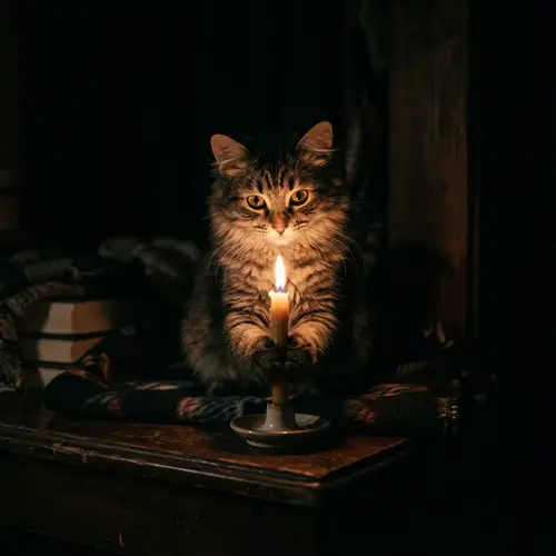 Cute Cat Holding a Candle in Dark Background