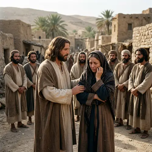 Jesus Comforts a Sad Mother with His Disciples