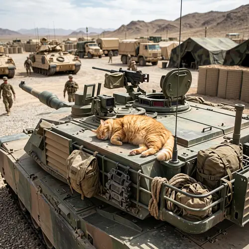 Orange Cat Relaxing on Abrams Tank