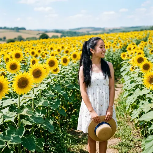 Asian Teenager in Sunflower Garden | Bright Summer Scene