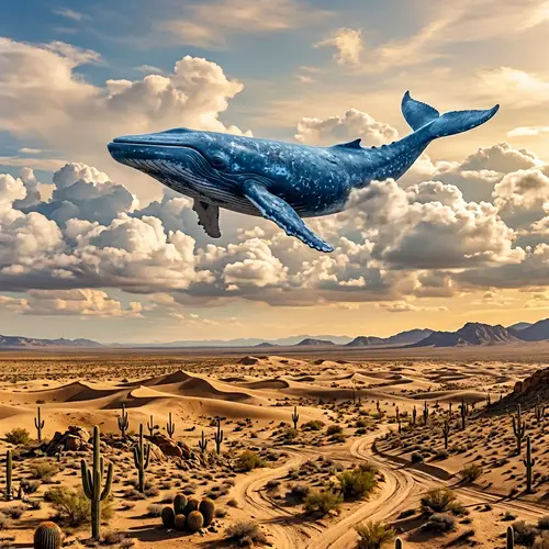 Blue Whale Floating in Sky Over Desert - Surreal Scene