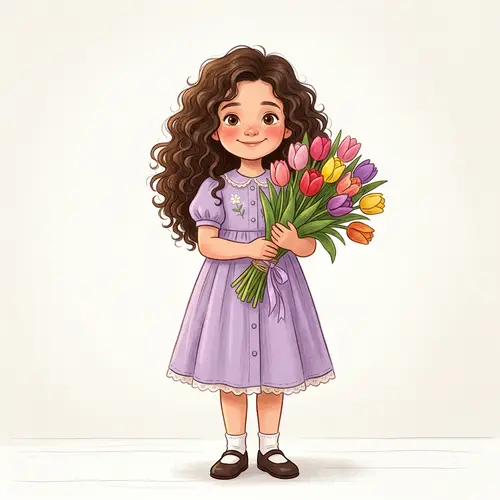 Animated Eastern European Girl in Lavender Dress with Tulips