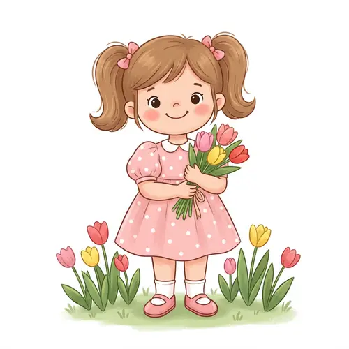 Cartoon Girl with Tulips on White Background in Pink Dress