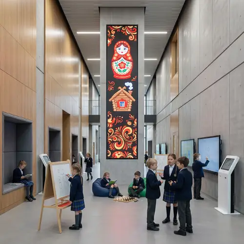 Explore a Modern School Hallway with Cultural Flair