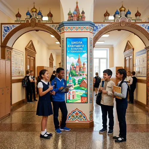 Modern School Hallway Reflecting Russian Culture