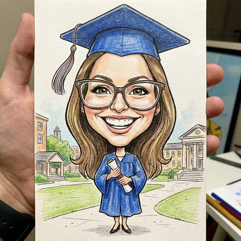 Graduate Woman Caricature in Blue Robe Graduate Woman Caricature in Blue Robe