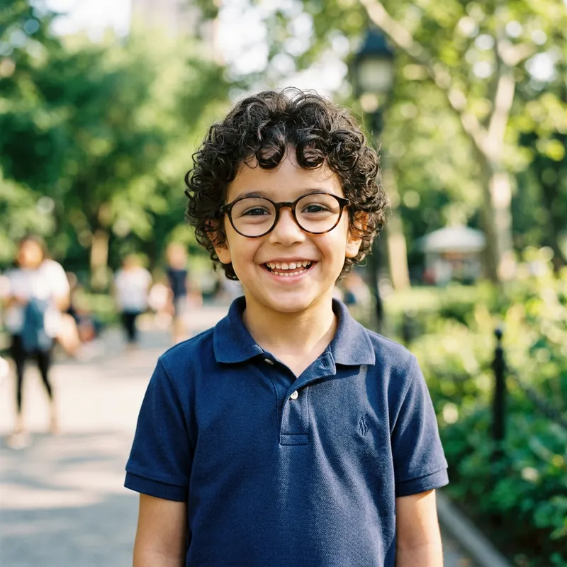 Hispanic Boy with Curly Hair, Wavy Glasses, Blue Polo
