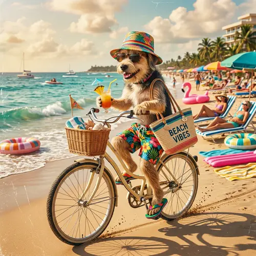 Fashionable Dog at Busy Beach Resort: Retro Vacation Vibes