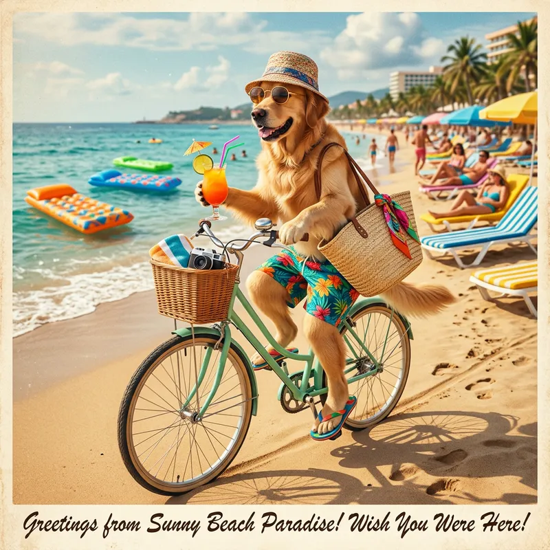 Stylish Dog on Vintage Bicycle at Beach Resort | Tropical Vibe & Retro Aesthetic