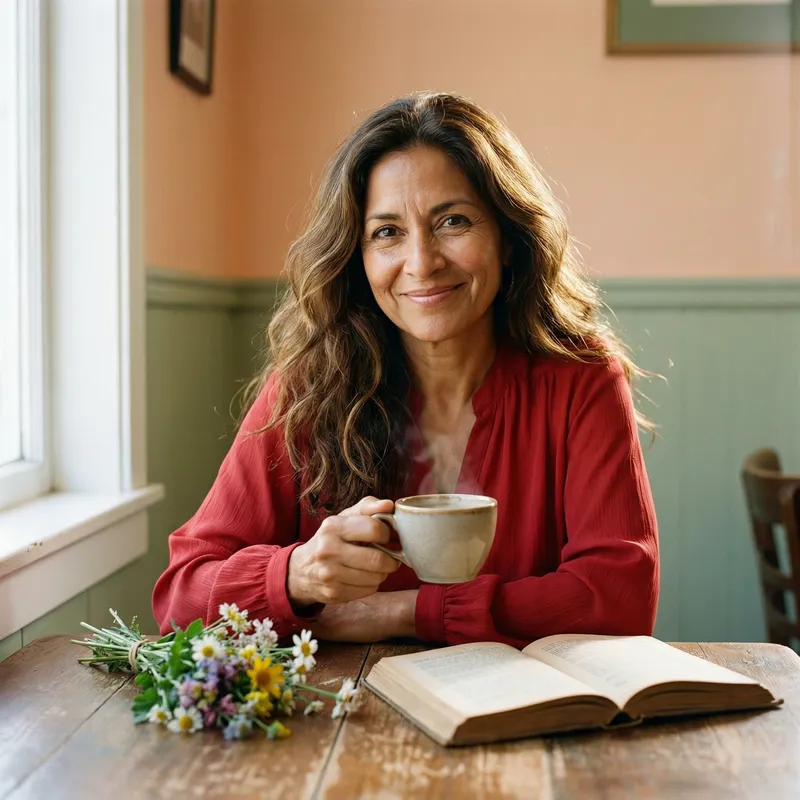 Hispanic Woman with Coffee: Elegance in a Café Setting
