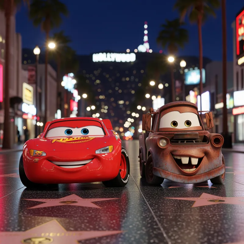 Pixar-Style Lightning McQueen & Tow Mater in Hollywood