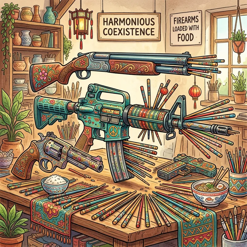Whimsical Firearms and Chopsticks Cartoon Whimsical Firearms and Chopsticks Cartoon