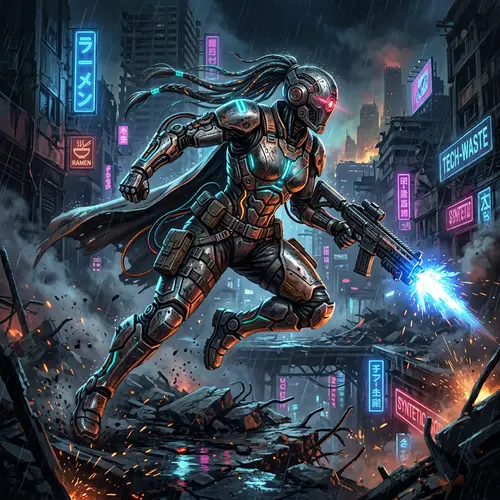 Futuristic Cyborg Warrior in Post-Apocalyptic Cyberpunk Setting