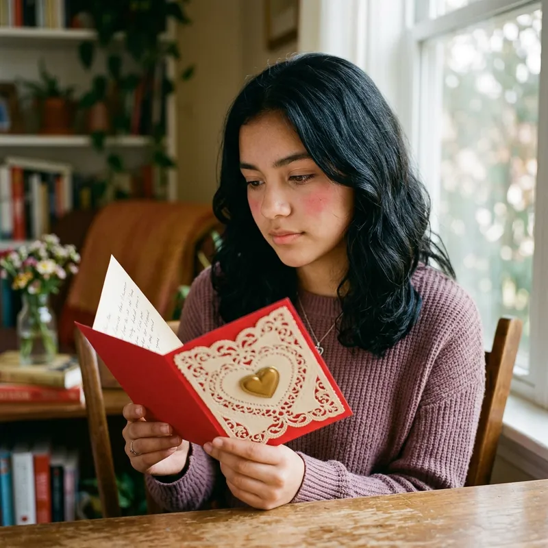 Beautiful Teen Girl with Black Hair Holding Valentine's Card