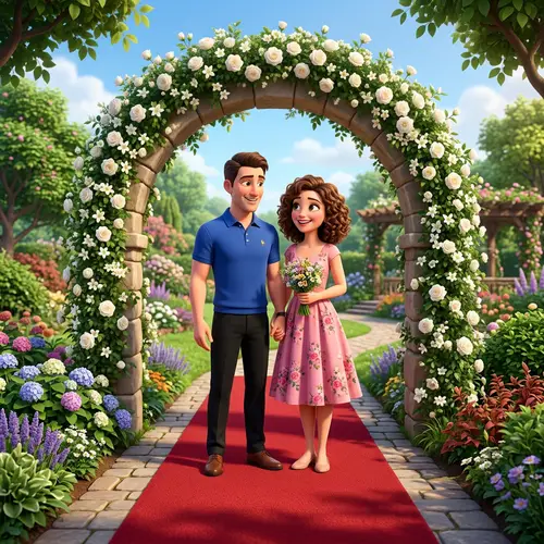 Romantic 3D Rendering of Couple in Garden Setting