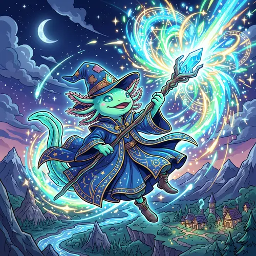 Charming Axolotl Wizard Casting Epic Spell