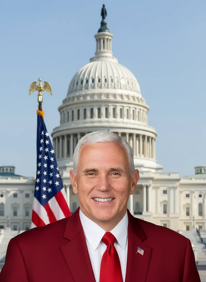 Photo Behind Capitol in Red Suit and Tie