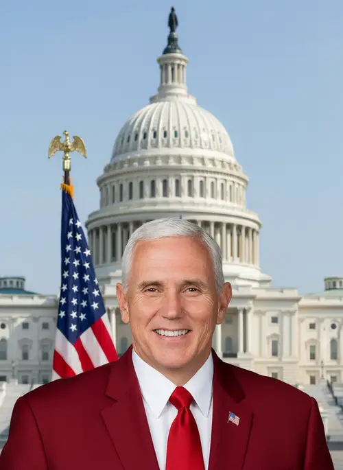 Photo Behind Capitol in Red Suit and Tie