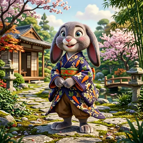Captivating Anthropomorphic Lop Rabbit in Billowing Kimono