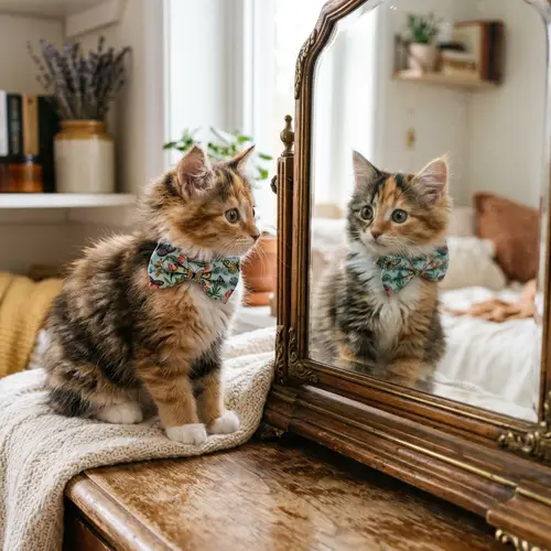 Adorable Calico Kitten Gazing at Mirror | Butterfly Bow Tie